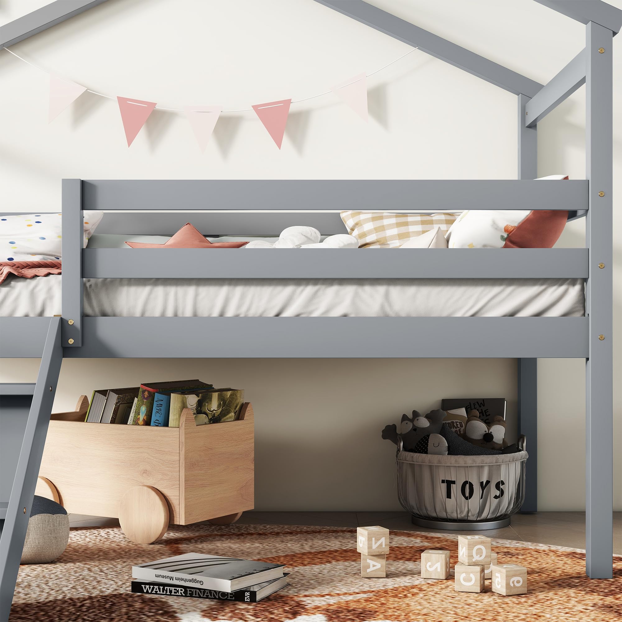 XD Designs Twin Size Low Loft Bed with Slide and Ladder for Kids Boys Girls, Solid Wood Loft Bed Frame with Safety Guardrails and Roof, Sturdy Slat Support, Playhouse Design (Grey-Roof)