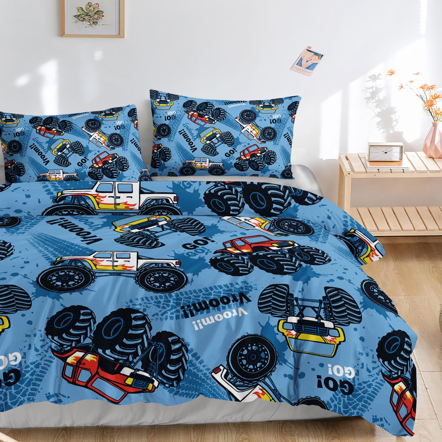 AILONEN Truck Duvet Cover Set for Boys,Blue Graffiti Truck Bedding Set Full Size for Kids Teens for Bedroom Decor,3 Piece Monster Truck Quilt Cover Set,1 Duvet Cover and 2 Pillowcases