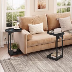 HOOBRO C Shaped End Table with Charging Station, Round Couch Side Table, TV Tray Slide Under Sofa Table with Metal Frame for Small Spaces, Living Room and Bedroom, Black BB18USF01