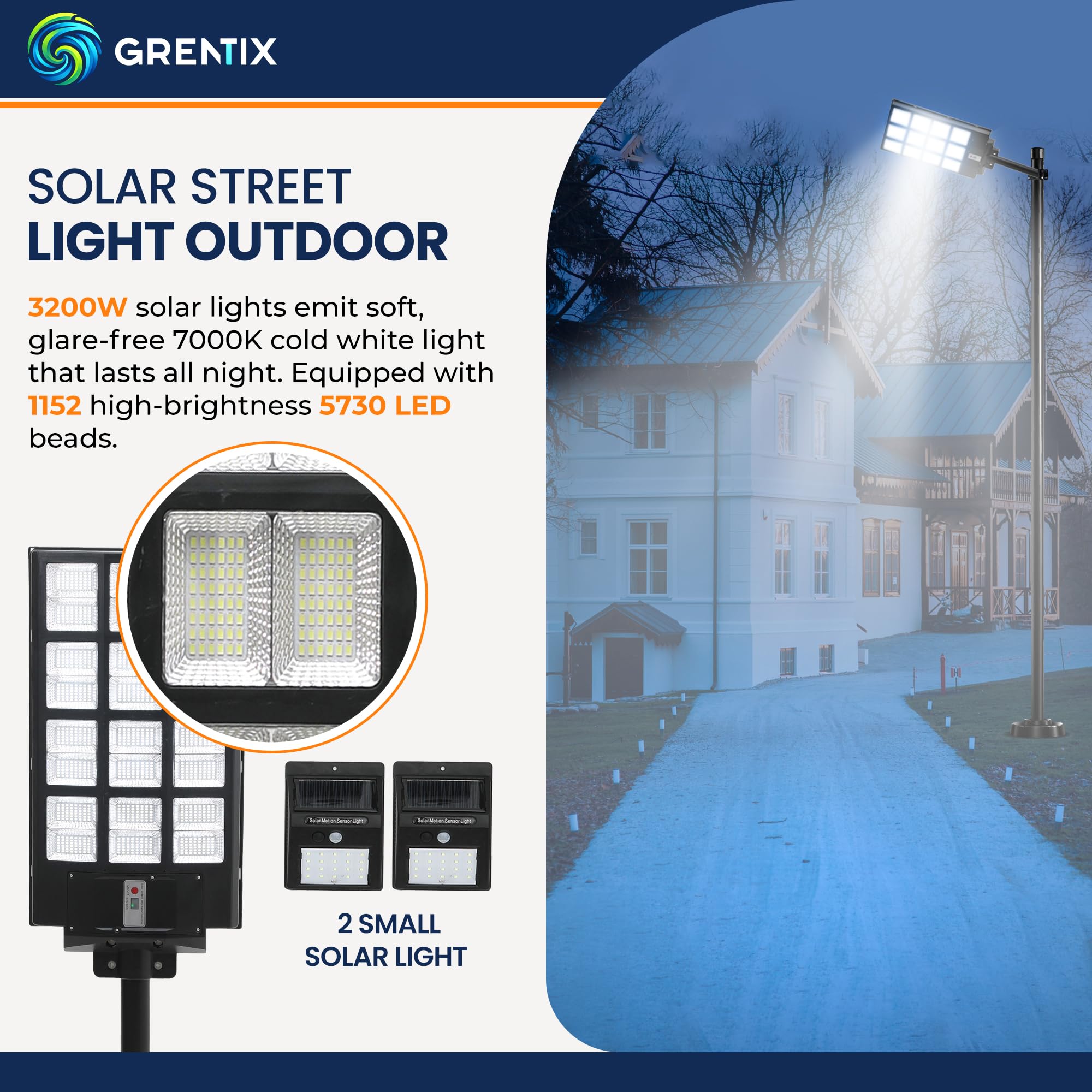 Complete Set of One Large and Two Small Solar Lights for Outdoor - Street Light 1152 LEDs 7000K Motion Activated Dusk to Dawn IP66 Waterproof Security Flood Lights Yard Garage Driveway Parking Lot