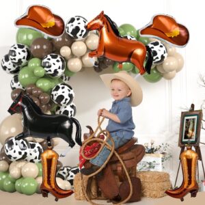 152pcs Cowboy Balloons Garland Arch Kit,Sage Green Brown Cow Print Balloons,Cowgirl boot and Hats Horse Foil Balloons for Country Western Wild West Party Decorations Adults