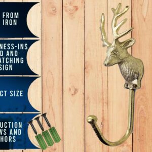 5MOONSUN5 Vintage Deer Head Coat Hook, Heavy Duty Antique Brass, Wall Mounted Animal Collection Deer Single Coat Hook Clothes Rack Wall Hanger, Polish Finish