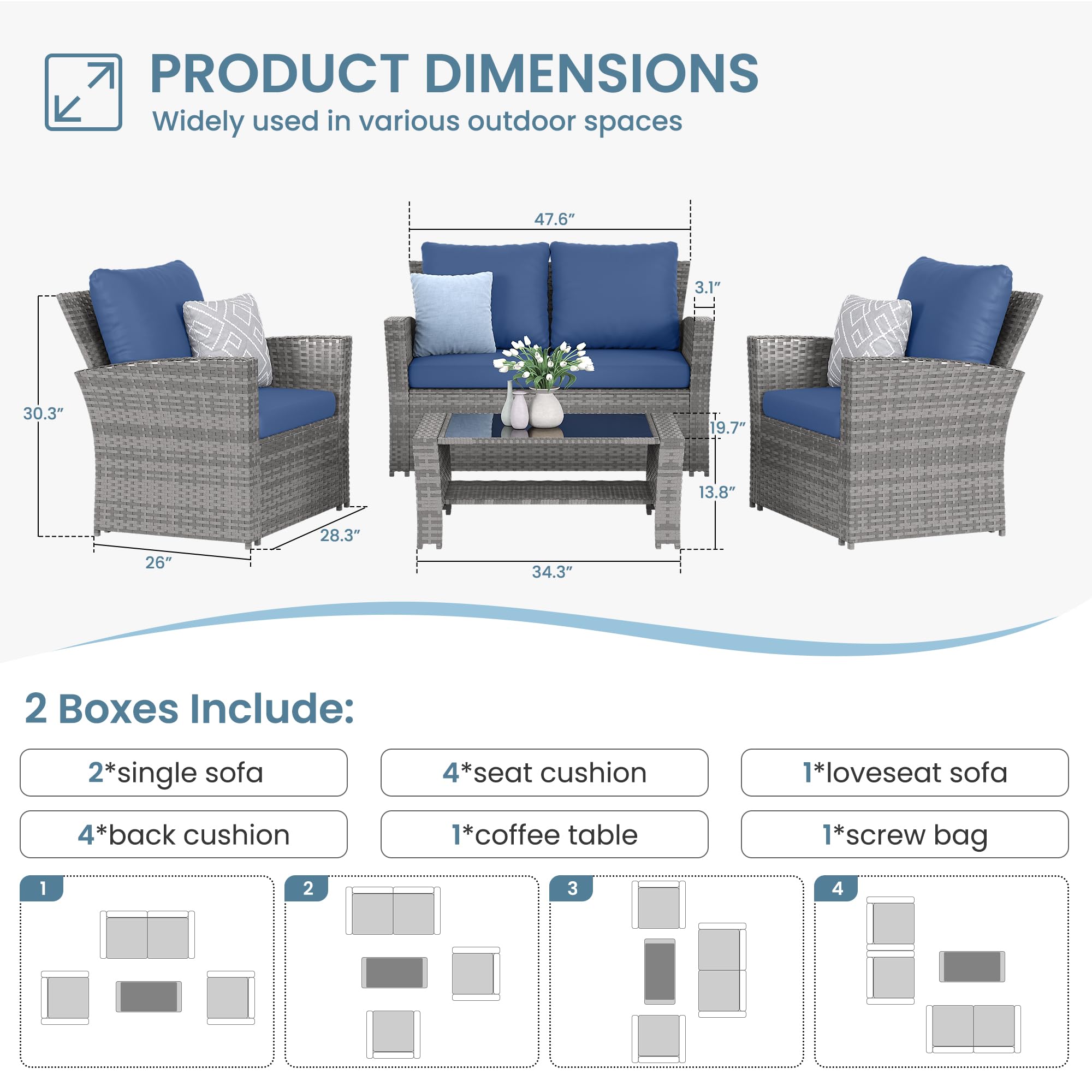 Amopatio Patio Furniture Set, 4 Pieces Outdoor Patio Furniture Wicker Sectional Sofa Outdoor Patio Set Patio Conversation Sets, Grey