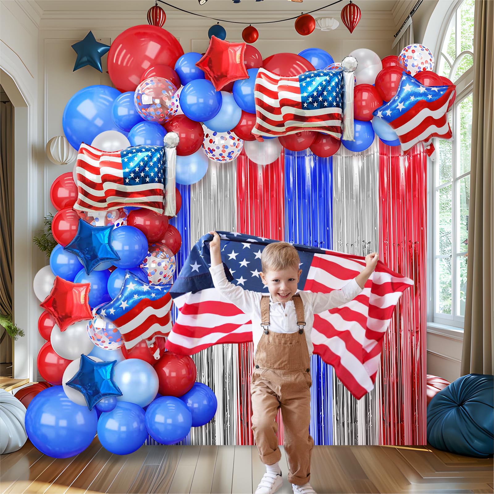 AIBIIN 115pcs Red White and Blue Balloon Arch Kit with Patriotic Theme Foil Fringe Curtain 4Th Of July Decorations Memorial Day Independence Day Graduation Nautical Baseball Party Decorations