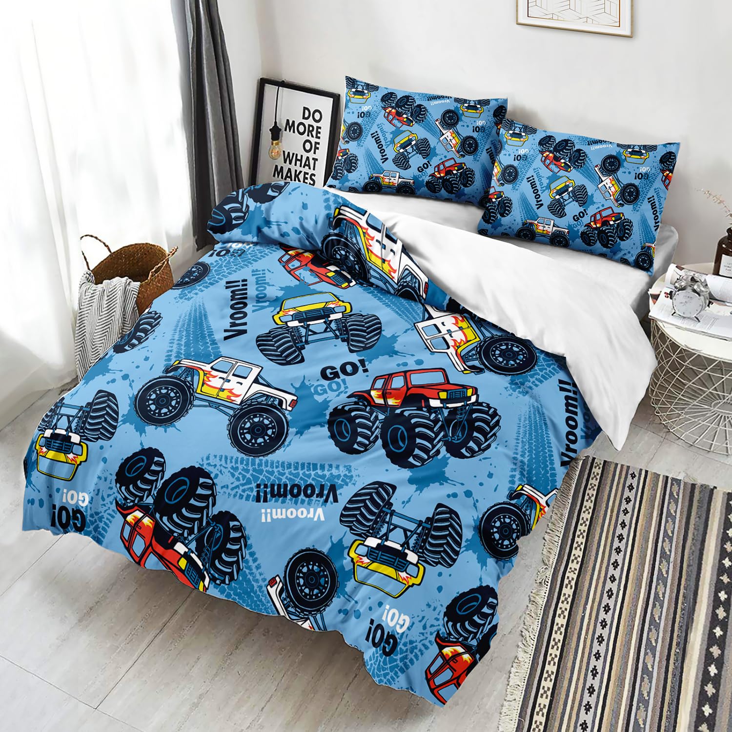 AILONEN Truck Duvet Cover Set for Boys,Blue Graffiti Truck Bedding Set Full Size for Kids Teens for Bedroom Decor,3 Piece Monster Truck Quilt Cover Set,1 Duvet Cover and 2 Pillowcases