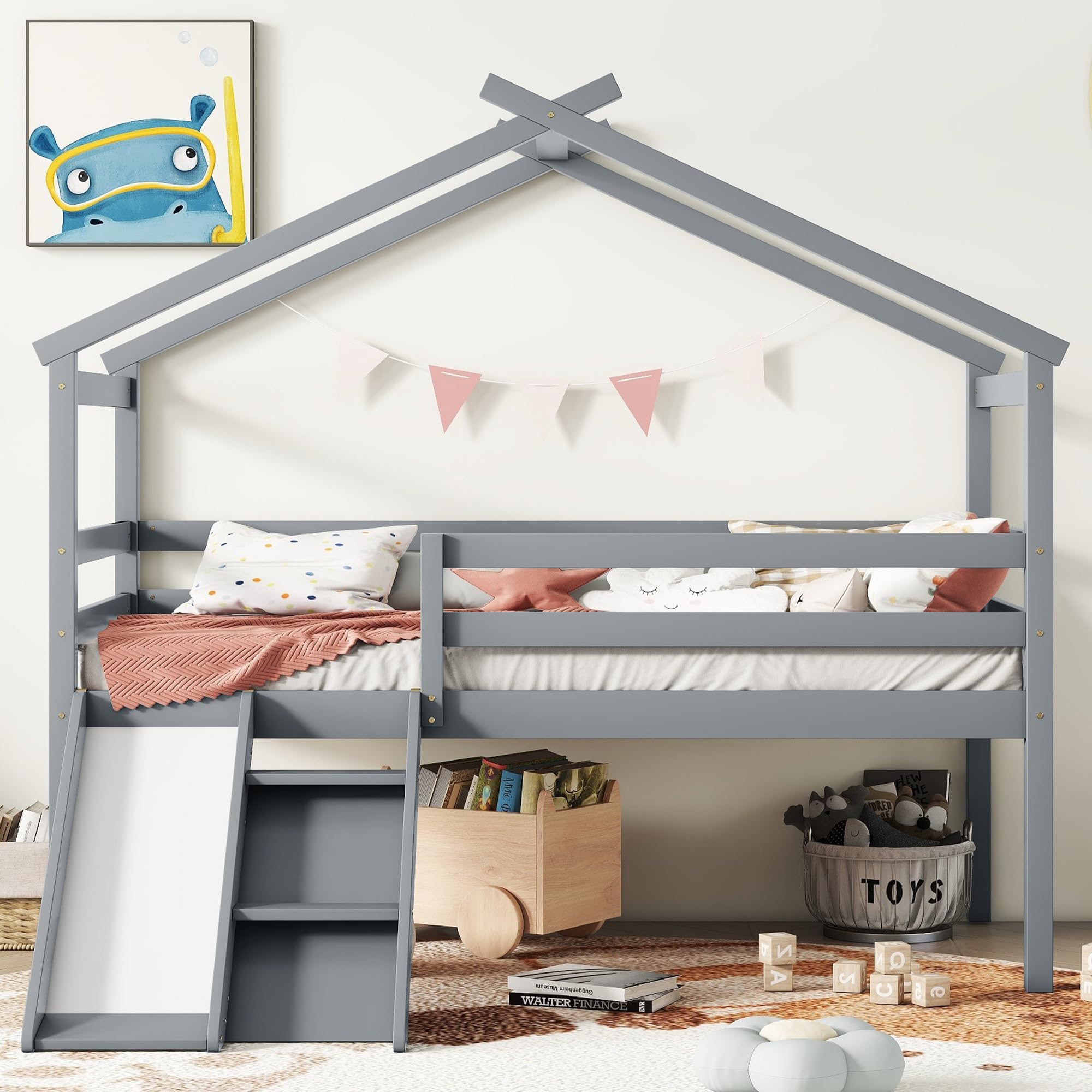 XD Designs Twin Size Low Loft Bed with Slide and Ladder for Kids Boys Girls, Solid Wood Loft Bed Frame with Safety Guardrails and Roof, Sturdy Slat Support, Playhouse Design (Grey-Roof)