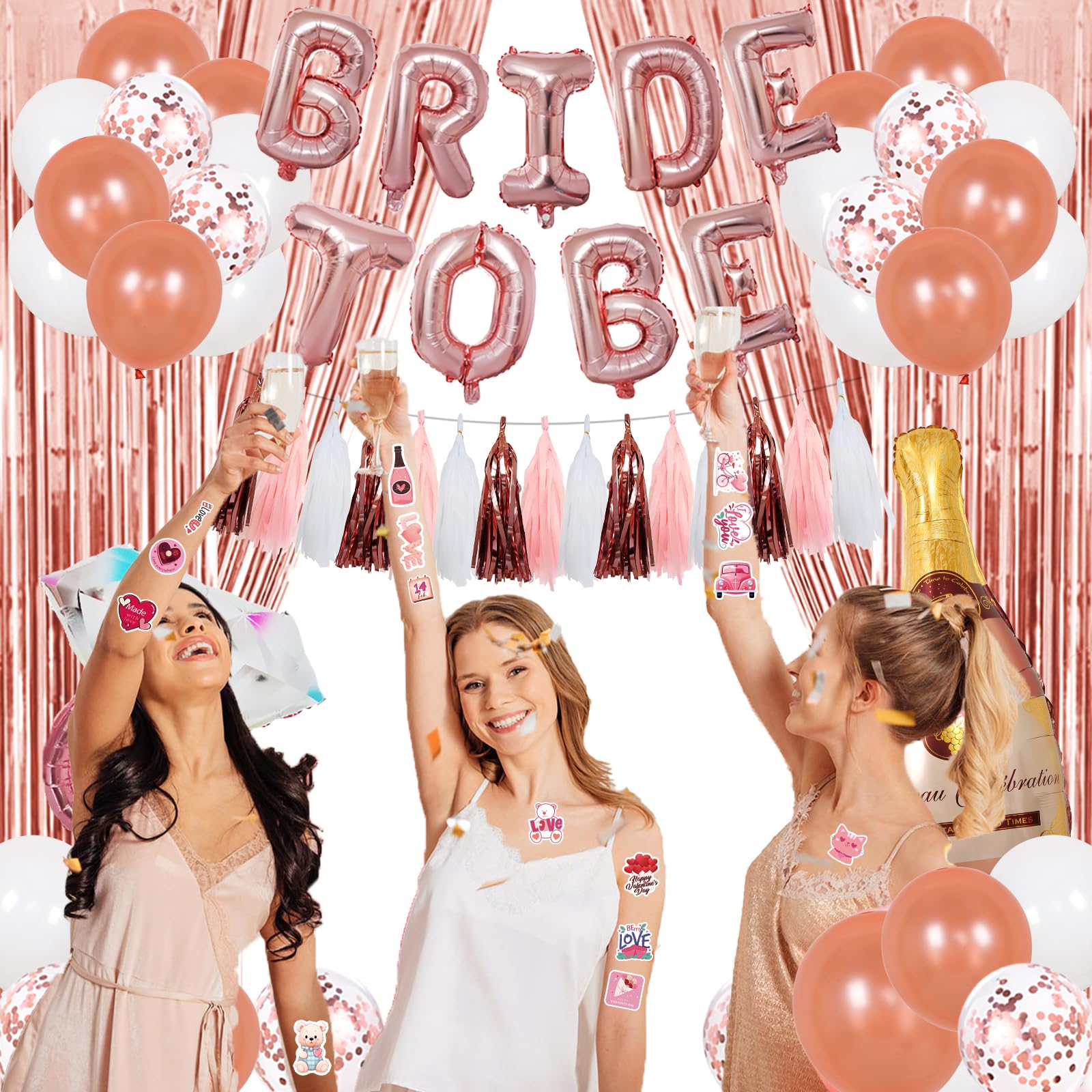 Bachelorette Party Decorations - Rose Gold Bridal Shower Party Decor and Supplies Kit Bride To Be Sash, Veil, Temporary Tattoos, Confetti Balloons Pack Fringe Curtain And Theme Stickers