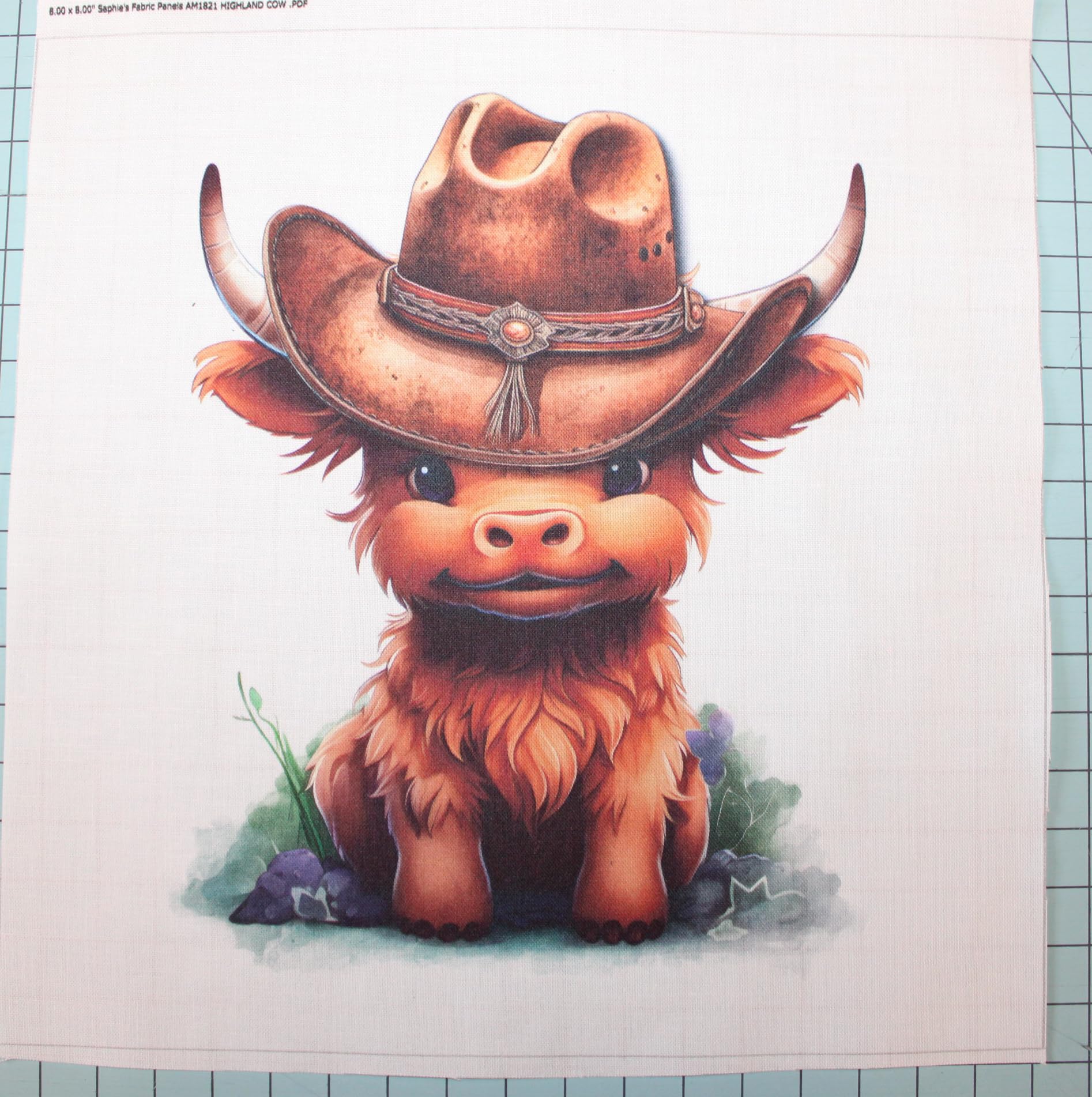 Fabric Panel 8"x8" Baby Cowboy Highland Cow 100% Cotton Quilting Panel Square AM1821