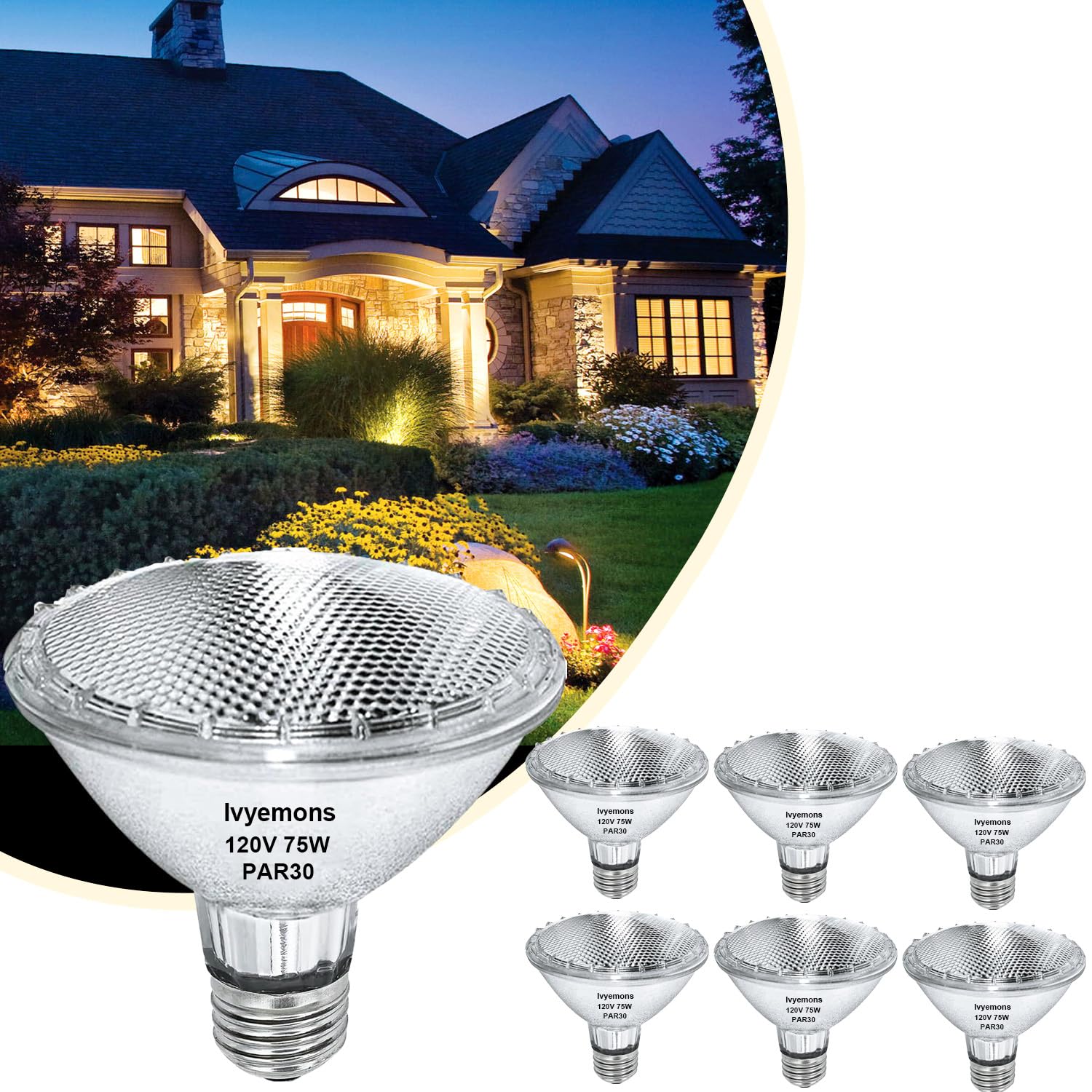 Ivyemons PAR30 Short Neck Halogen 75W - 6 Pack PAR30 Flood Light Bulbs E26 Base, PAR30 Dimmable 2800K Warm White, Long Lasting PAR30 Halogen Bulb for Accent Lighting, Tracking Light, Recessed Light