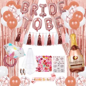 bachelorette party decorations - rose gold bridal shower party decor and supplies kit bride to be sash, veil, temporary tattoos, confetti balloons pack fringe curtain and theme stickers