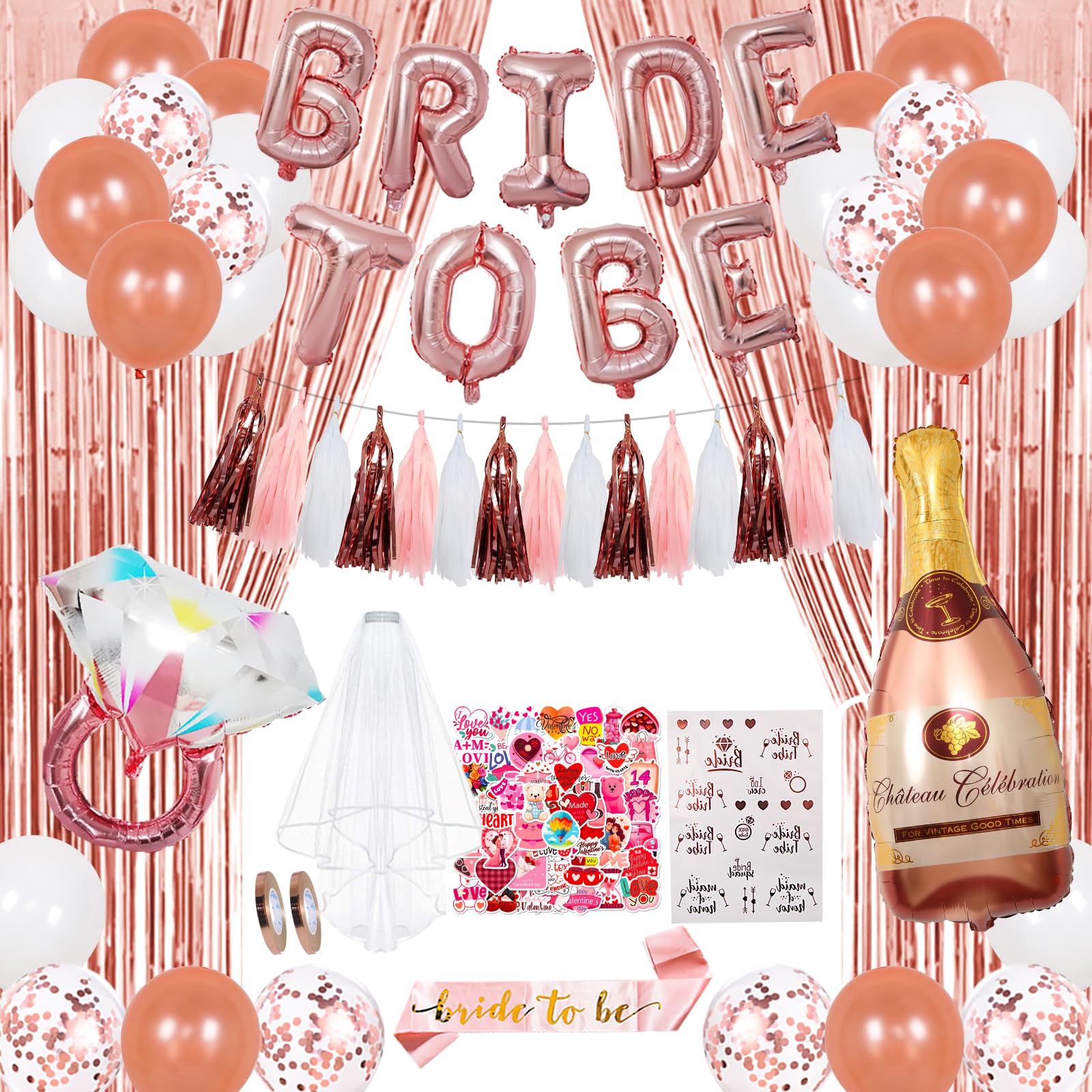 Bachelorette Party Decorations - Rose Gold Bridal Shower Party Decor and Supplies Kit Bride To Be Sash, Veil, Temporary Tattoos, Confetti Balloons Pack Fringe Curtain And Theme Stickers