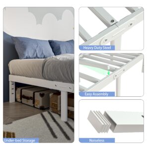 KZZLOL White Bed Frame Queen Size 16 Inch, Metal Queen Bed Frame No Box Spring Needed, Heavy Duty Steel Support 3500 LBS, DIY Headboard, Noiseless, Round Corner Legs, Storage Space, Easy Assembly