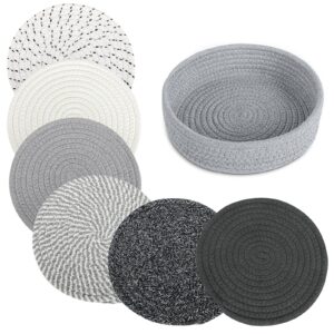 8" trivets for hot dishes, hot pots and pans,6 heat resistant hot pads and storage basket 1 pack,pot holders for kitchen, hot plate mats for kitchen countertops, table, home essentials, farmhouse deco