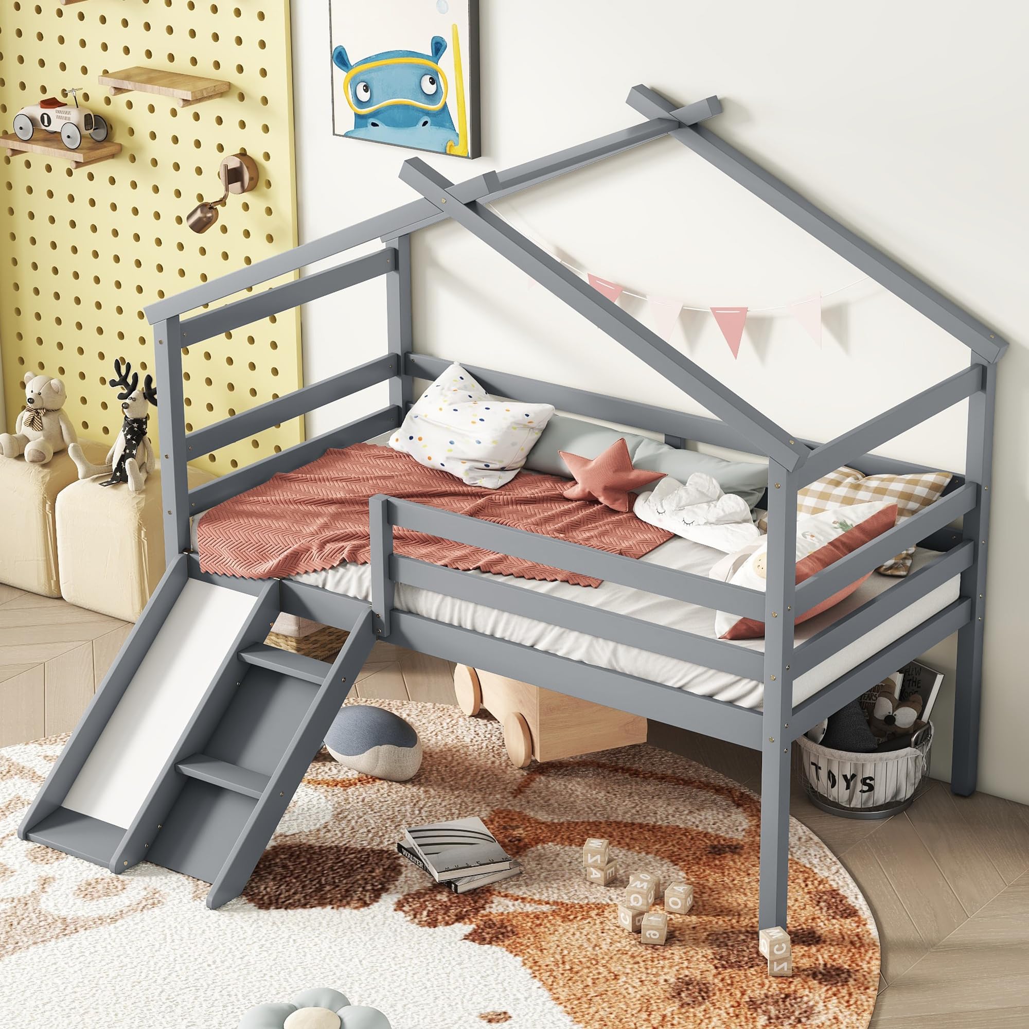 XD Designs Twin Size Low Loft Bed with Slide and Ladder for Kids Boys Girls, Solid Wood Loft Bed Frame with Safety Guardrails and Roof, Sturdy Slat Support, Playhouse Design (Grey-Roof)