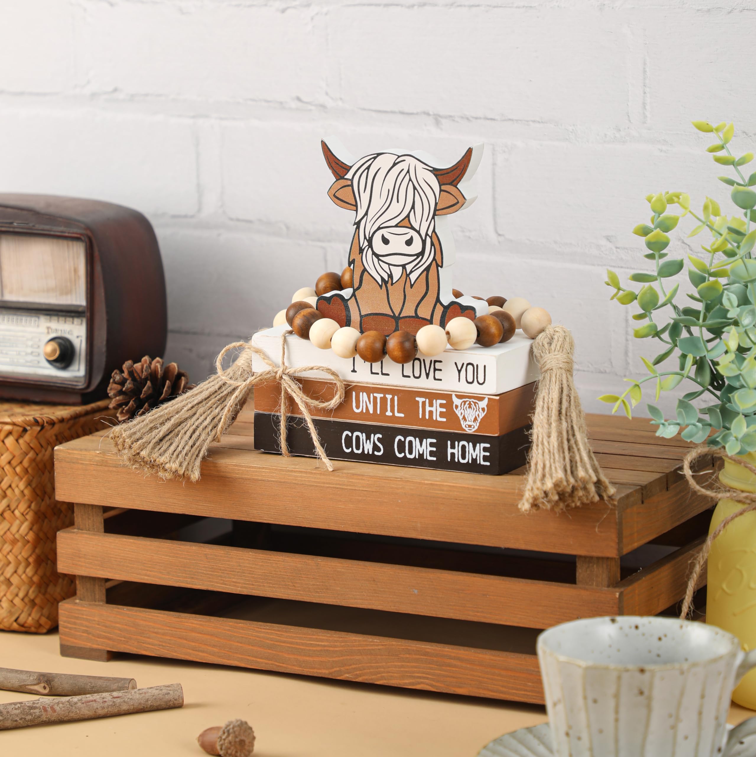 5PCS Highland Cow Decor, Farmhouse Tiered Tray Decor, Wooden Book Stacks Rustic Table Centerpiece for Home Room Mantle Fireplace Shelf