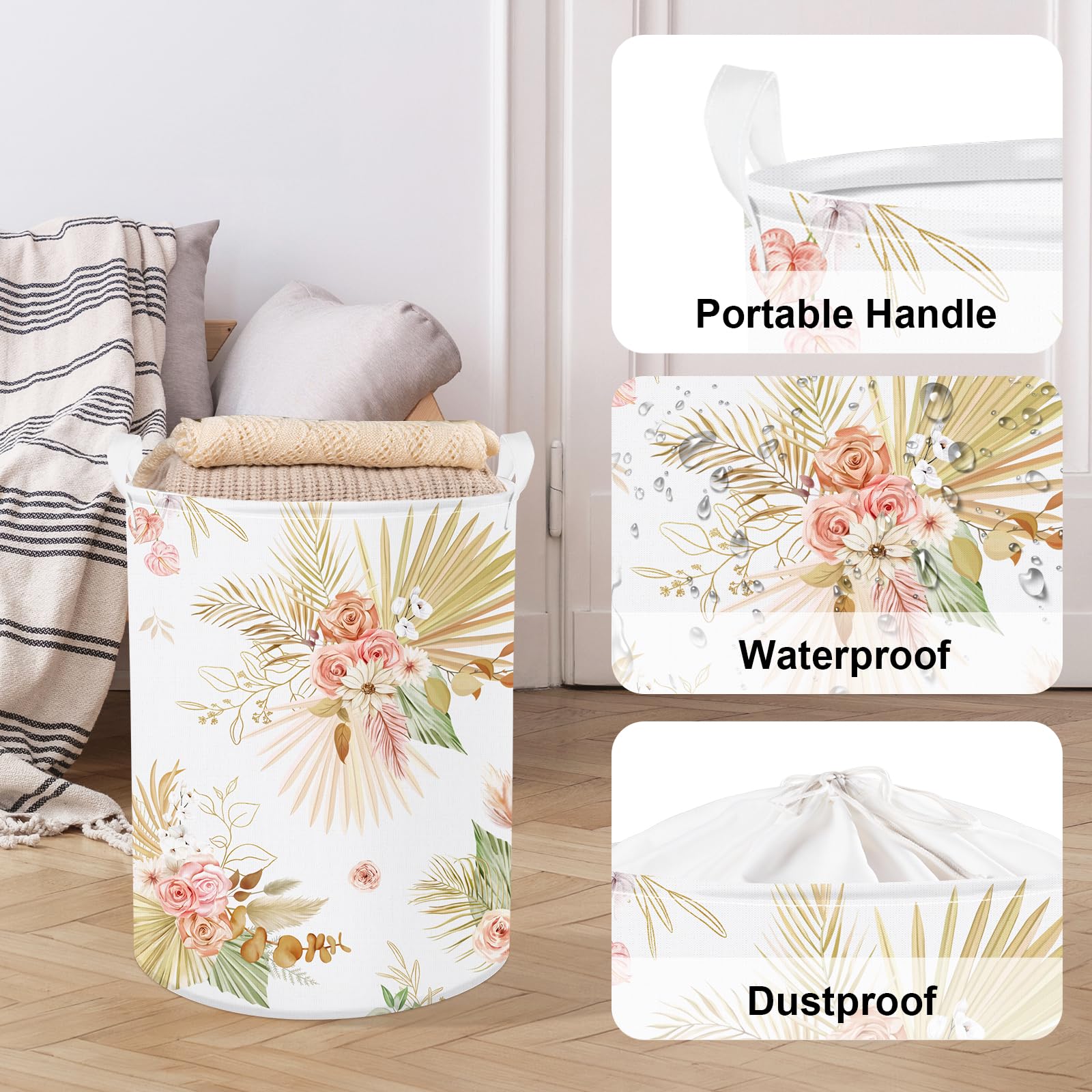 Clastyle 45L Large Boho Leaf Laundry Basket with Lid Tropical Floral Palm Leaves Collapsible Clothes Hamper Botanical Towel Toy Basket with Handle for Bedroom Bathroom