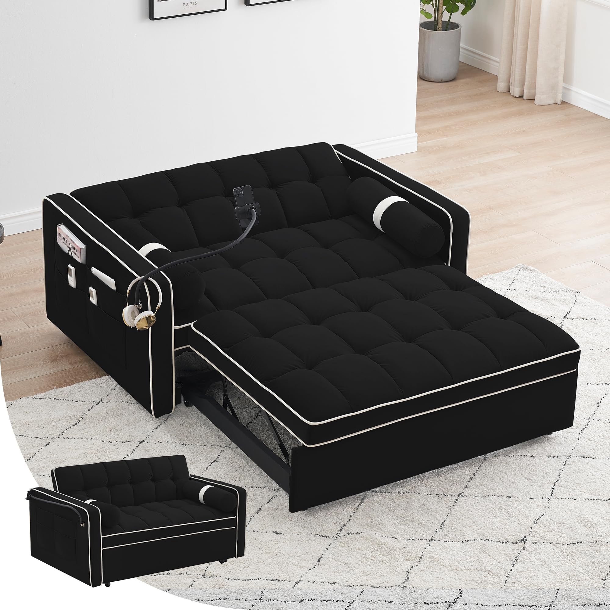 Suheww Black Pull Out Couch Bed, 3 in 1 Convertible Sofa Bed with Adjustable Backrest, Pull Out Sofa Couch with Phone Holder and Pockets, Futon Loveseat Velvet Chaise Lounge for Living Room