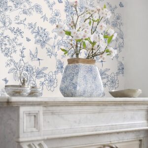 Froluya Vintage Floral Wallpaper Peel and Stick Wallpaper 118"x17.7" Removable Boho Peel and Stick Wallpaper Self Adhesive Wall Paper for Bedroom Cabinets Shelf Liner Vinyl Roll,Cream White and Blue