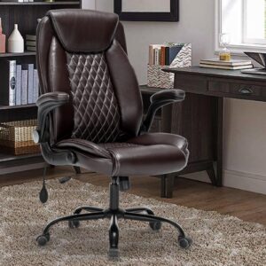 Seevoo Office Chair Desk Chair High Back Computer Chair - Adjustable Lumbar Support with Flip-Up Arms PU Leather Chair with Spring Cushion