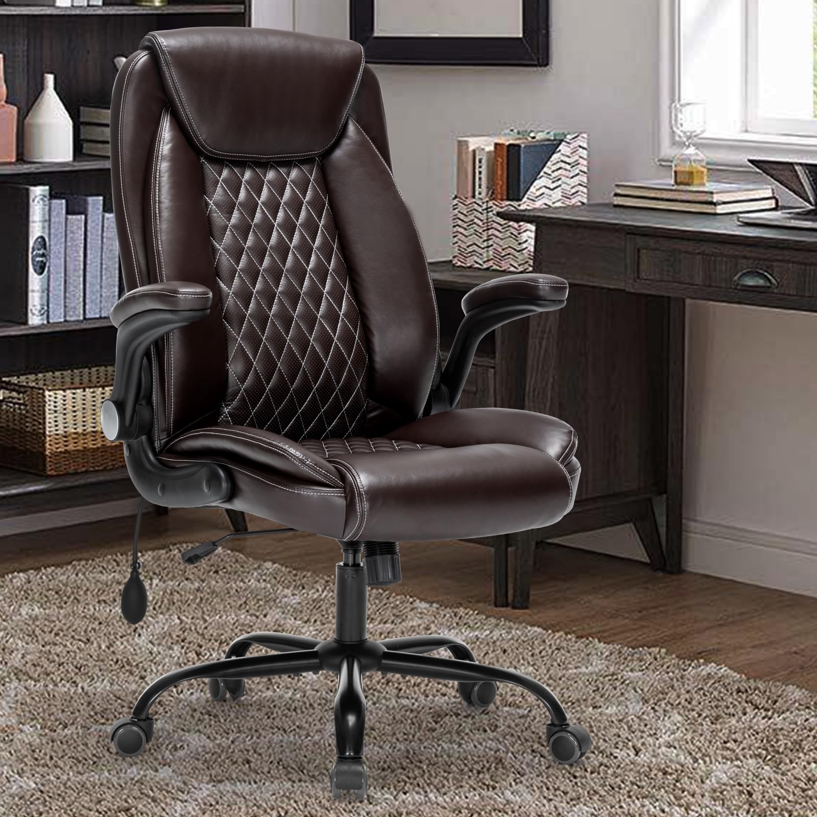 Seevoo Office Chair Desk Chair High Back Computer Chair - Adjustable Lumbar Support with Flip-Up Arms PU Leather Chair with Spring Cushion