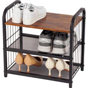 bwooracku shoe rack, 3-tier shoe organizer with guardrails, heavy-duty metal mesh shelves & rustic wooden top for stylish closet & front door storage