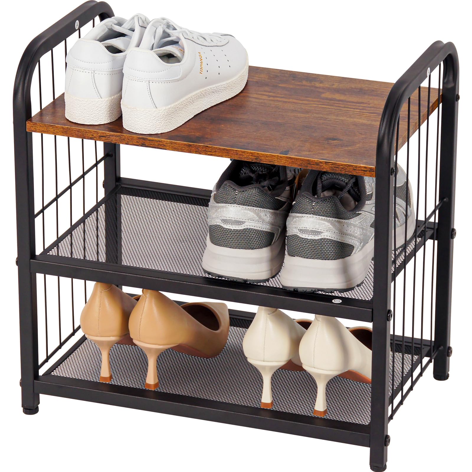 BWOORACKU Shoe Rack, 3-Tier Shoe Organizer with Guardrails, Heavy-Duty Metal Mesh Shelves & Rustic Wooden Top for Stylish Closet & Front Door Storage