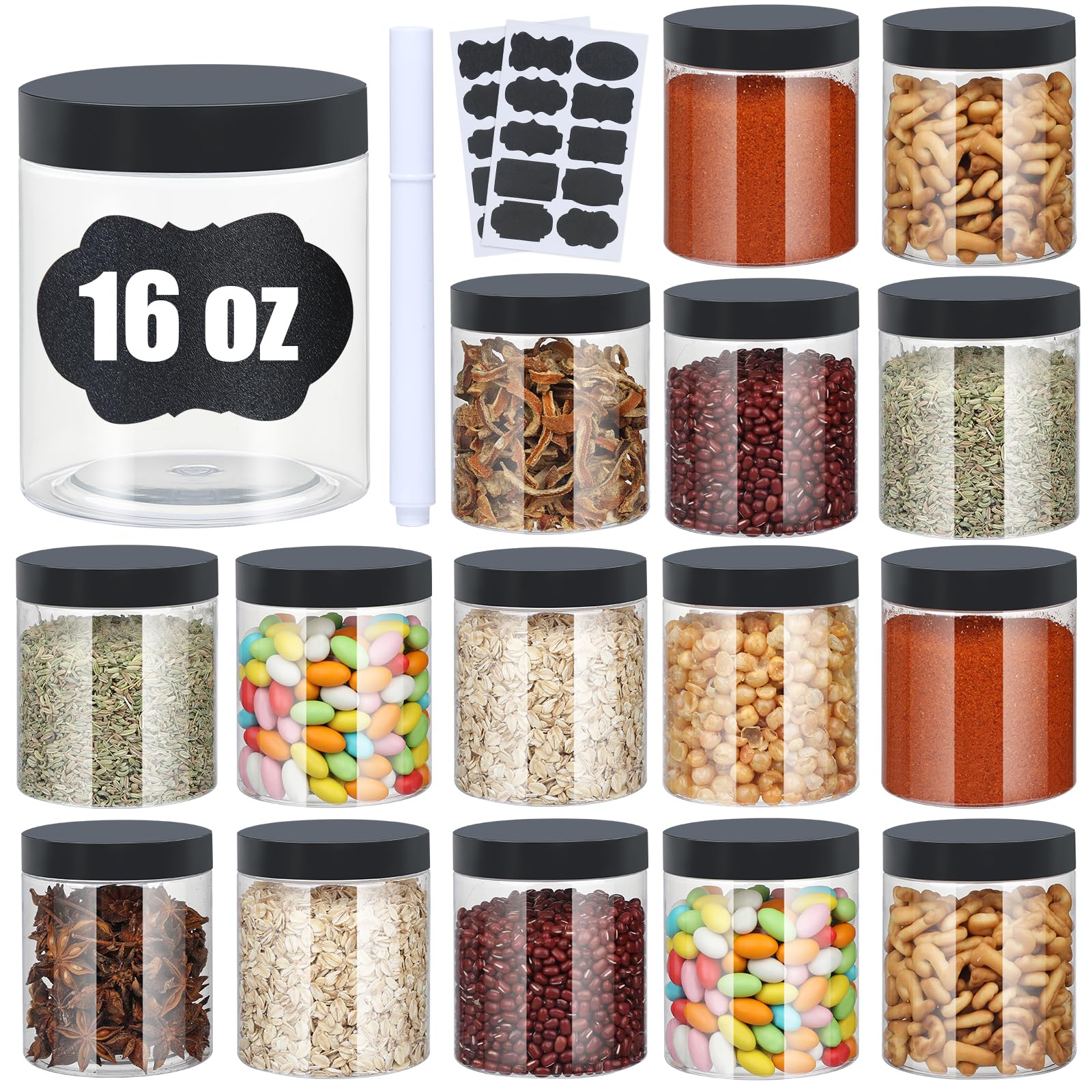 Plastic Jars with Lids, 16 oz Plastic Containers with Lids Clear Airtight Container Storage Jar Mason Jars for Dry Food Peanut Butter Honey Jam Cosmetics, Pack of 16 (16 PCS Black Lids)