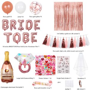 Bachelorette Party Decorations - Rose Gold Bridal Shower Party Decor and Supplies Kit Bride To Be Sash, Veil, Temporary Tattoos, Confetti Balloons Pack Fringe Curtain And Theme Stickers