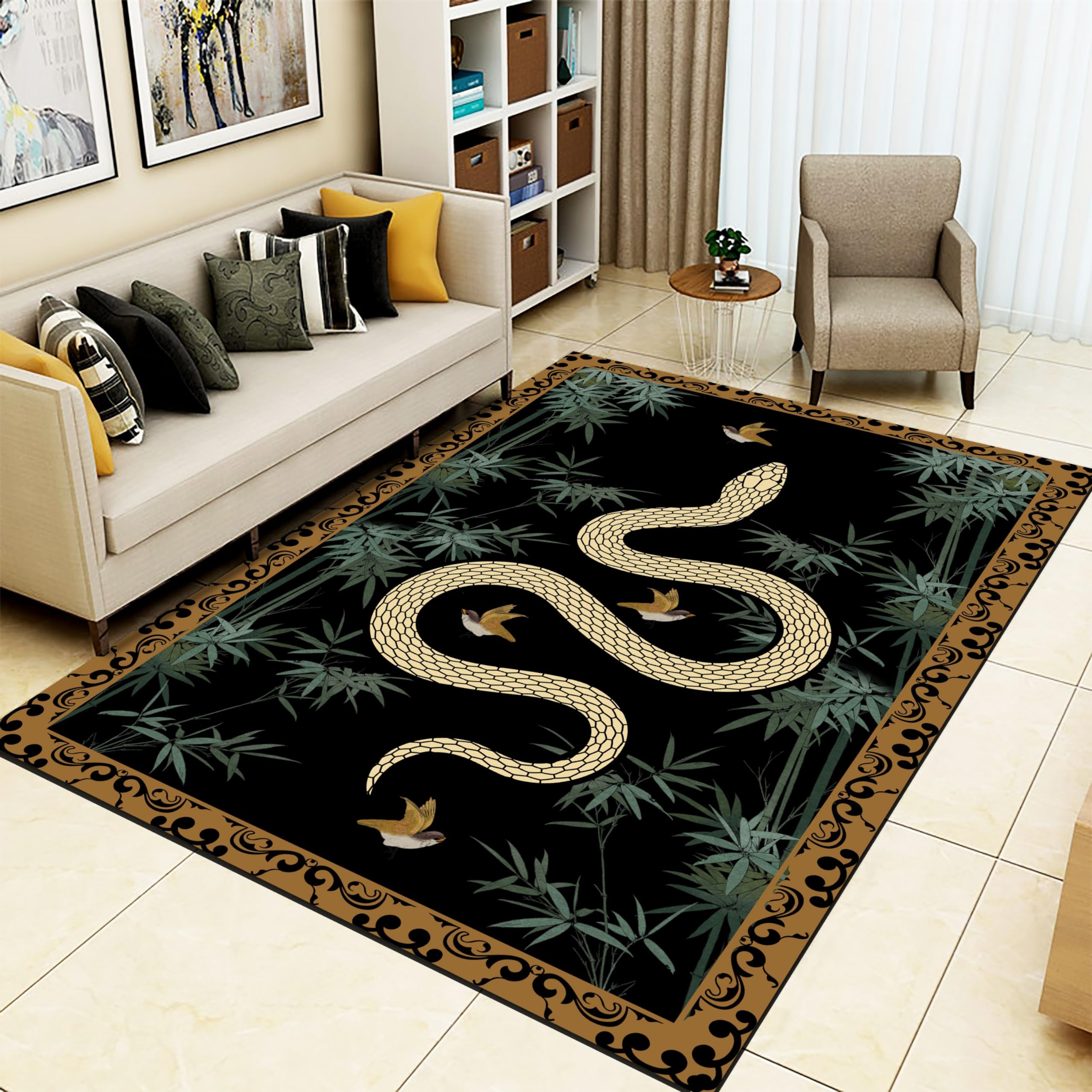 Puyosvr Snakes and Birds Area Rugs, 5x6ft, Goth Bohemian Retro Aesthetics Accent Rug, Washable Carpet with Anti-Slip Backing Durable Rugs for Bedroom Living Room Nursery