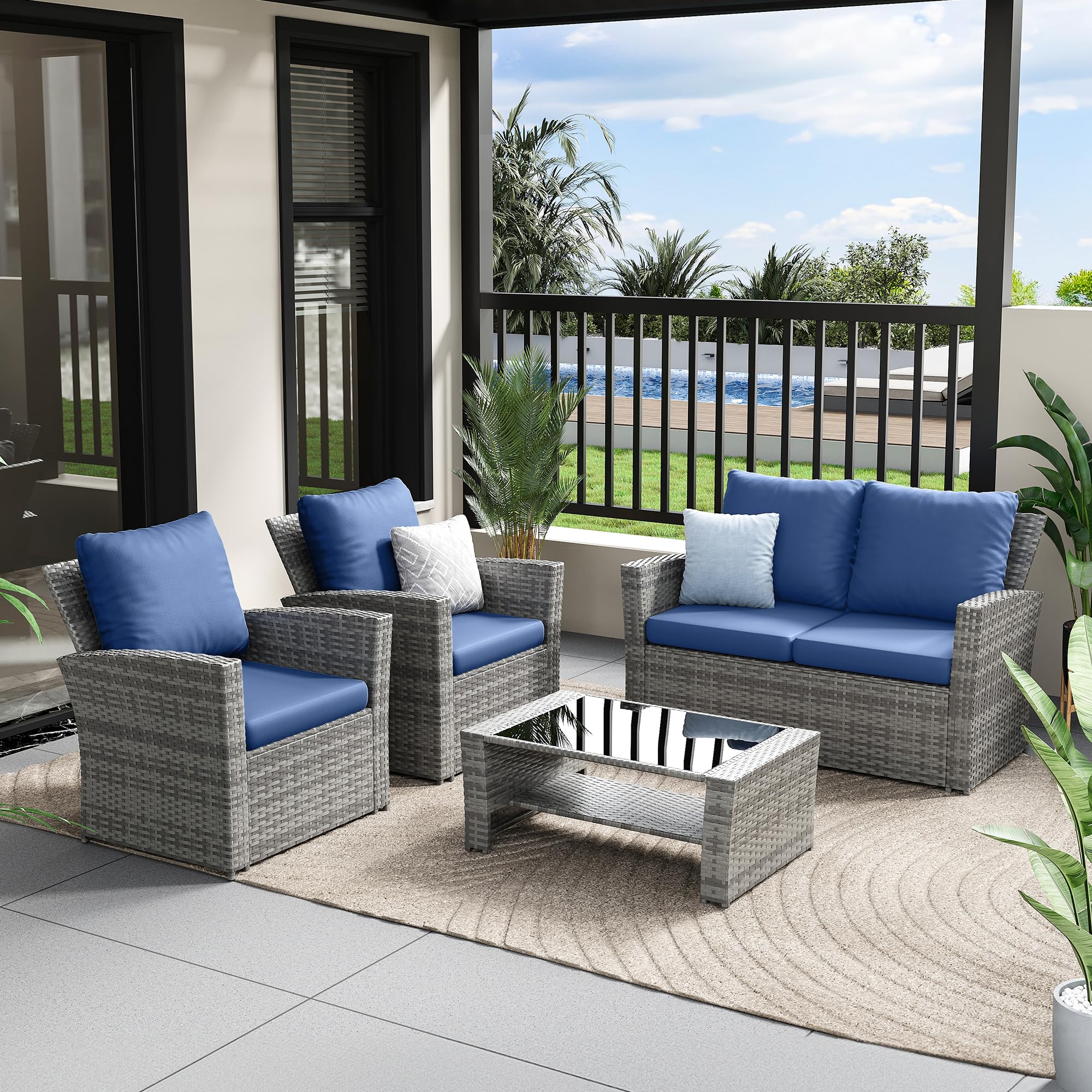 Amopatio Patio Furniture Set, 4 Pieces Outdoor Patio Furniture Wicker Sectional Sofa Outdoor Patio Set Patio Conversation Sets, Grey