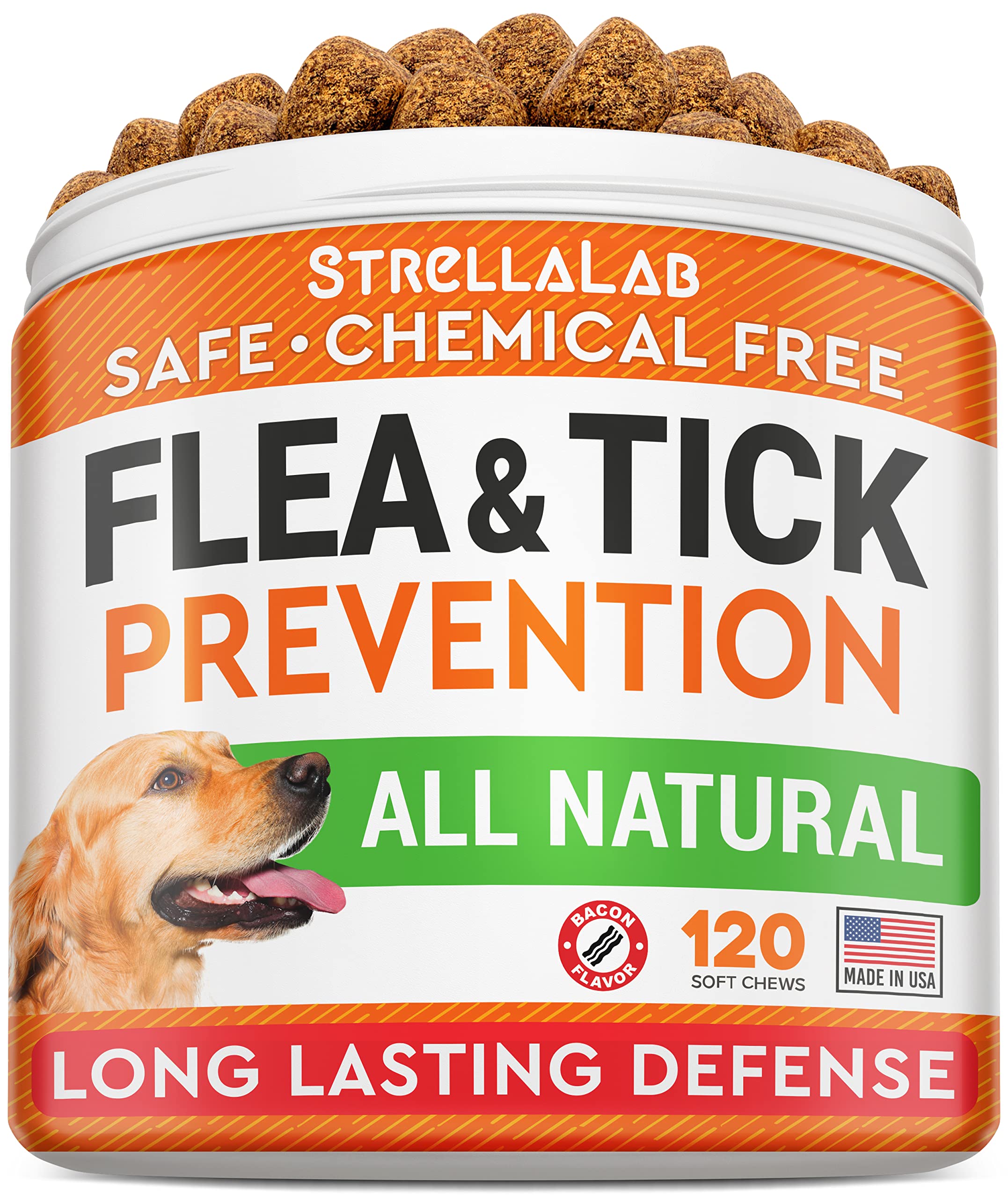 STRELLALAB Natural Flea and Tick Prevention Chews for Dogs - Chewable Tablets for Dogs - All Breeds and Ages - Made in USA Flea and Tick Remover Supplement - Bacon - 120 Treats