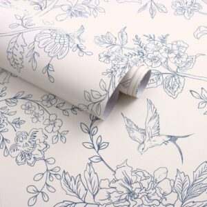 froluya vintage floral wallpaper peel and stick wallpaper 118"x17.7" removable boho peel and stick wallpaper self adhesive wall paper for bedroom cabinets shelf liner vinyl roll,cream white and blue