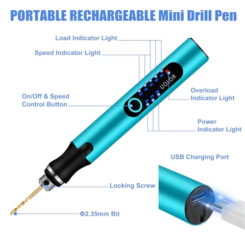 Uolor 3-Speed Cordless Mini Drill Pen, Rechargeable DIY Electric Hand Drill with 10 Small Drill Bits, Micro Drill Set for Jewelry Making Wood Stone Plastic Resin Keychains