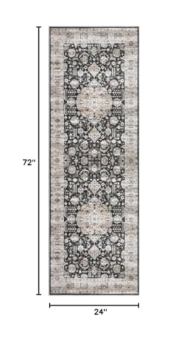 GlowSol Washable Rugs 2x6 Runner Rug Vintage Oriental Area Rugs for Bedroom Aesthetic Entryway Rug Black Rug Throw Rugs with Rubber Backing Distressed Carpet Kitchen Rugs Black 2'x6'