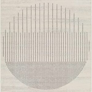 BoutiqueRugs Chet White and Gray Modern Abstract Geometric Area Rug - Minimalist Contemporary Striped Carpet for Living Room, Bedroom, Dining Room - Charcoal, Light Gray, Cream - 6'7" Round Rug