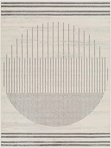 BoutiqueRugs Chet White and Gray Modern Abstract Geometric Area Rug - Minimalist Contemporary Striped Carpet for Living Room, Bedroom, Dining Room - Charcoal, Light Gray, Cream - 6'7" Round Rug