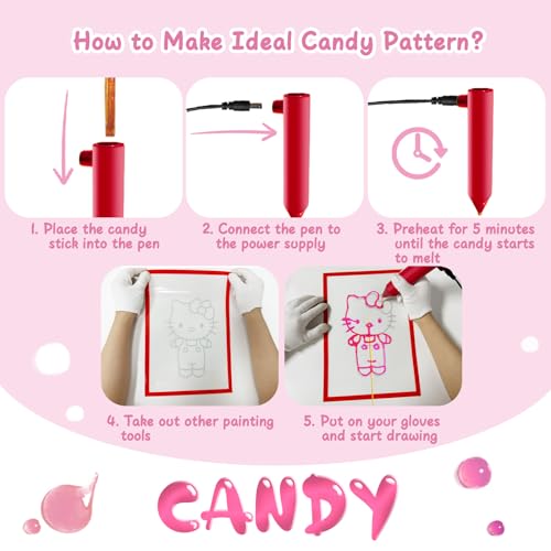 3D Printing Pen for Homemade Candy, KIDHABE Candy Machine for Painting, Classic Hard Candy Sweets for Christmas Gift, Birthday Family Party, Include Pen, 20*Candy Sticks, Mat, Patterned Papers(Gloves)