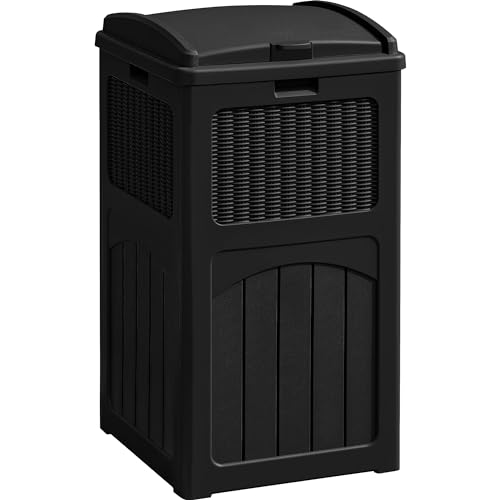 Greesum 33 Gallon Outdoor Trash Can with Lid, Waterproof Resin Garbage Bin for Hideaway, Deck, Patio, Black