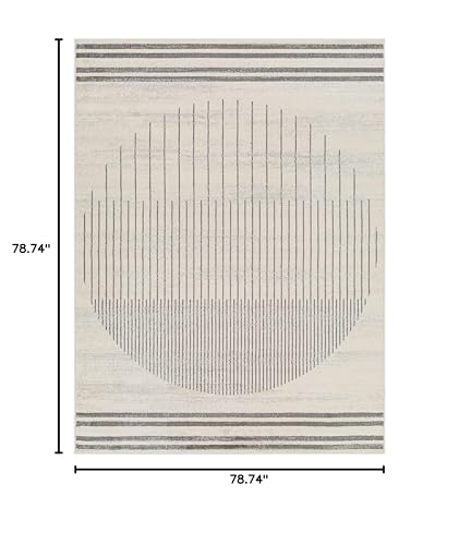 BoutiqueRugs Chet White and Gray Modern Abstract Geometric Area Rug - Minimalist Contemporary Striped Carpet for Living Room, Bedroom, Dining Room - Charcoal, Light Gray, Cream - 6'7" Round Rug