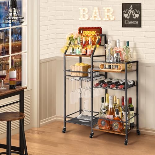 VINAEMO Rolling Bar Cart with Wine Glass Holder, Bar Carts for the Home, Bar Stand for Home, Small Mini Bar for Whiskey Wine, Liquor Cart for Home Bar, Alcohol Cabinet for Bar, Kitchen, Dining Room