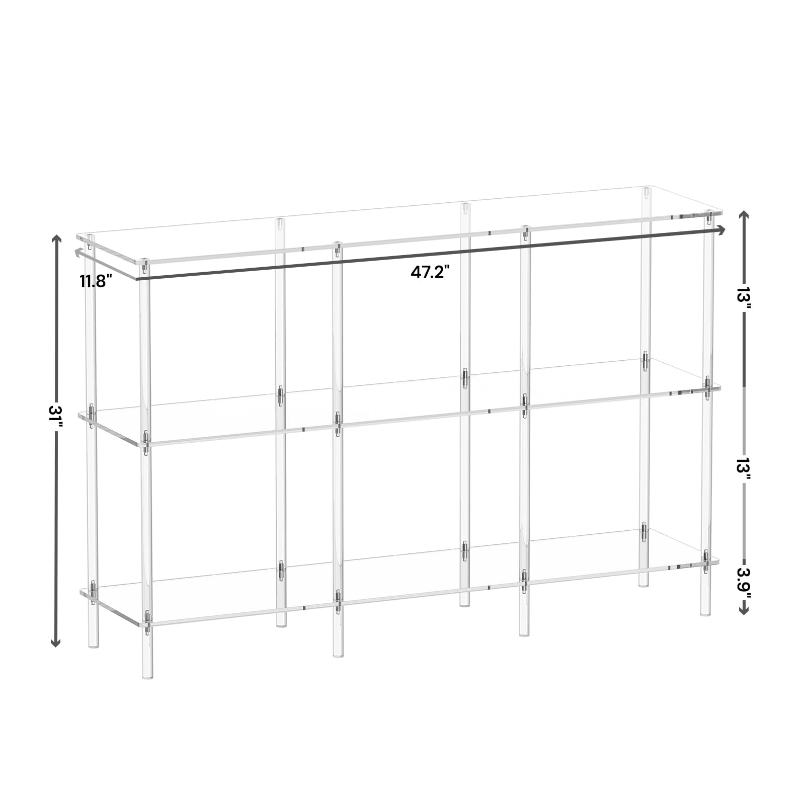 CRTERICX Acrylic Horizontal Bookshelf, 11.8" D x 47.2" W x 31" H, 3-Tier Clear Low Book Shelf with Large Storage, Multipurpose Bookcase for Living Room, Bathroom, Office, Easy Assembly