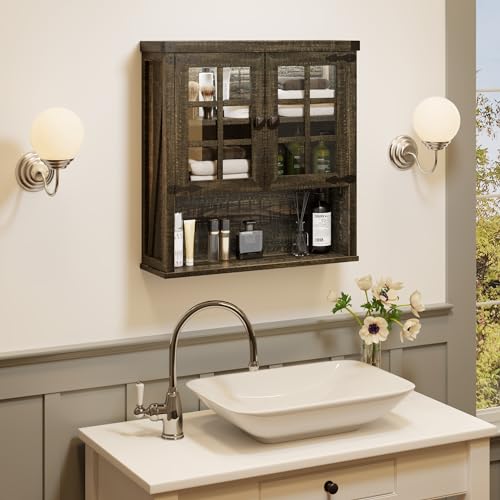 FREDEES Bathroom Cabinet Wall Mount, Over The Toilet Storage Cabinet for Towel Bar, Farmhouse Medicine Cabinet Organizer with Doors and Shelves for Kitchen, Living Room, 26" W x 29" H, Antique Brown