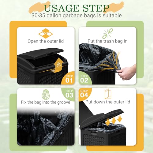 Greesum 33 Gallon Outdoor Trash Can with Lid, Waterproof Resin Garbage Bin for Hideaway, Deck, Patio, Black