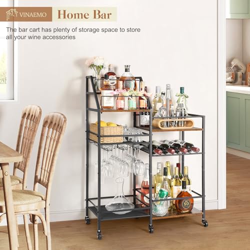 VINAEMO Rolling Bar Cart with Wine Glass Holder, Bar Carts for the Home, Bar Stand for Home, Small Mini Bar for Whiskey Wine, Liquor Cart for Home Bar, Alcohol Cabinet for Bar, Kitchen, Dining Room