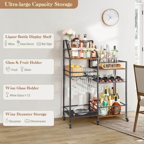 VINAEMO Rolling Bar Cart with Wine Glass Holder, Bar Carts for the Home, Bar Stand for Home, Small Mini Bar for Whiskey Wine, Liquor Cart for Home Bar, Alcohol Cabinet for Bar, Kitchen, Dining Room