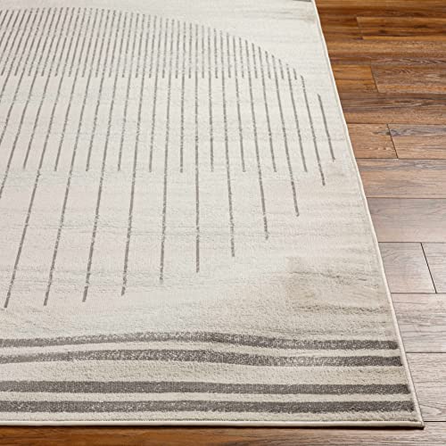 BoutiqueRugs Chet White and Gray Modern Abstract Geometric Area Rug - Minimalist Contemporary Striped Carpet for Living Room, Bedroom, Dining Room - Charcoal, Light Gray, Cream - 6'7" Round Rug