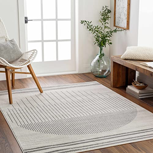 BoutiqueRugs Chet White and Gray Modern Abstract Geometric Area Rug - Minimalist Contemporary Striped Carpet for Living Room, Bedroom, Dining Room - Charcoal, Light Gray, Cream - 6'7" Round Rug