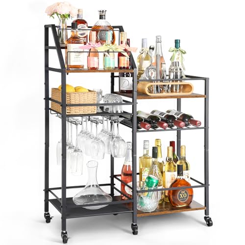 VINAEMO Rolling Bar Cart with Wine Glass Holder, Bar Carts for the Home, Bar Stand for Home, Small Mini Bar for Whiskey Wine, Liquor Cart for Home Bar, Alcohol Cabinet for Bar, Kitchen, Dining Room