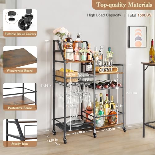 VINAEMO Rolling Bar Cart with Wine Glass Holder, Bar Carts for the Home, Bar Stand for Home, Small Mini Bar for Whiskey Wine, Liquor Cart for Home Bar, Alcohol Cabinet for Bar, Kitchen, Dining Room