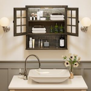 FREDEES Bathroom Cabinet Wall Mount, Over The Toilet Storage Cabinet for Towel Bar, Farmhouse Medicine Cabinet Organizer with Doors and Shelves for Kitchen, Living Room, 26" W x 29" H, Antique Brown